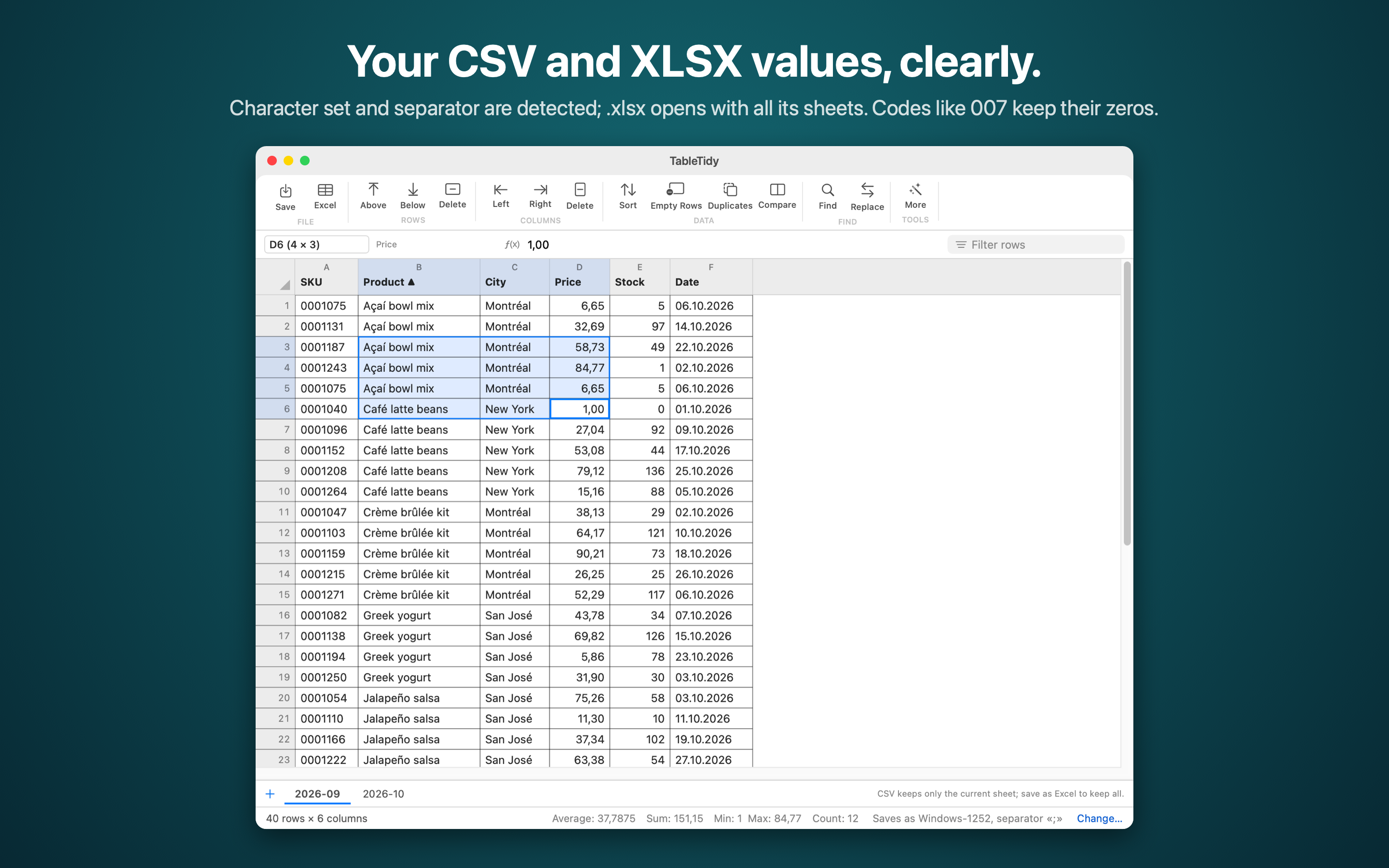 TableTidy editor showing a sample inventory with sheet tabs, leading-zero item codes and a selected group of cells